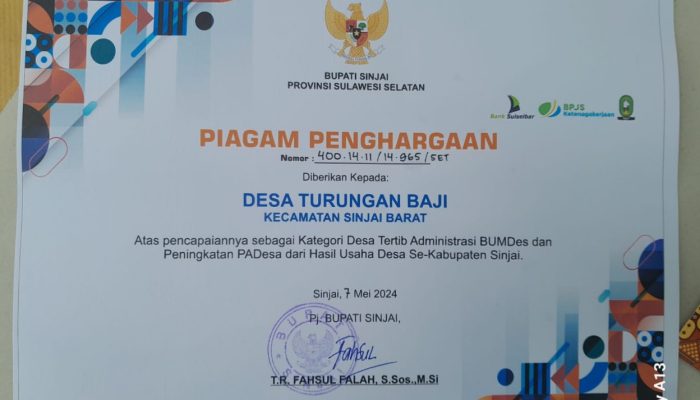 Pj Bupati Sinjai Beri Penghargaan Kepada Tiga BUMDes Terbaik, Turungan Baji Salah Satunya