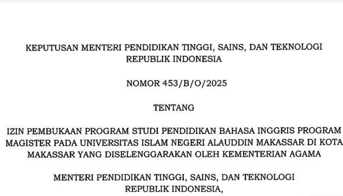 UIN Alauddin Makassar Resmi Kantongi Izin Pembukaan Prodi S2 Pendidikan Bahasa Inggris